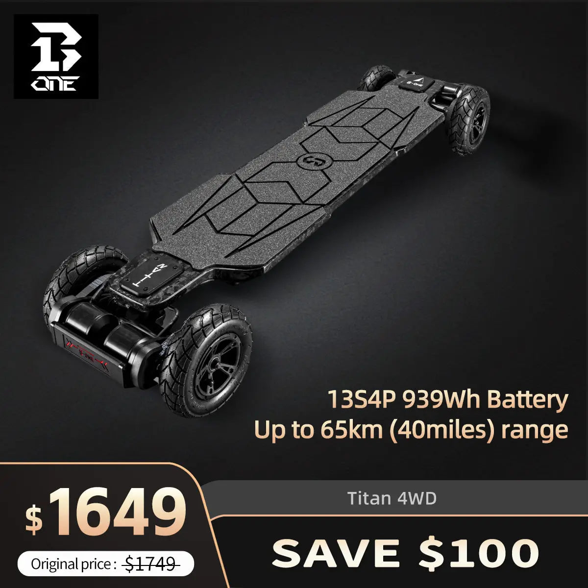 Titan 4WD Electric Skateboard (Up to 65km range) Boneeboard